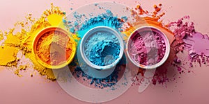 Three Buckets Filled With Different Colored Powders