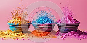 Three Buckets Filled With Different Colored Powders