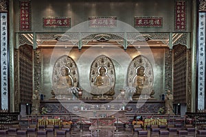 Three Buddha images inside Fo Guang Shan Thaihua Temple