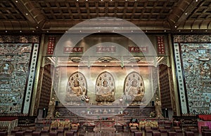 Three Buddha images inside Fo Guang Shan Thaihua Temple