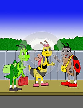 Three bugs talking before they go to school cartoon illustration