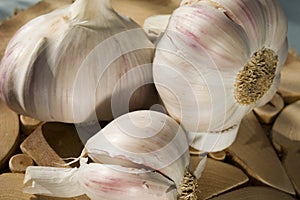 Three bulbs of garlic on a a juniper stand. Closeup 1