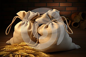 Three bulging wheat sacks, one open with grains spilling out