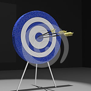three bullseye arrows in one blue white target