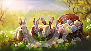 Three bunnies beside a basket of colorful Easter eggs in a sunny meadow