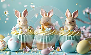 three bunnies decorated cupcakes with easter eggs