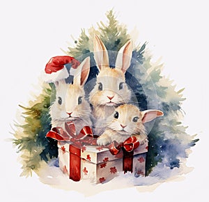 three bunnies with a gift box with a big red bow on the background of a Christmas tree