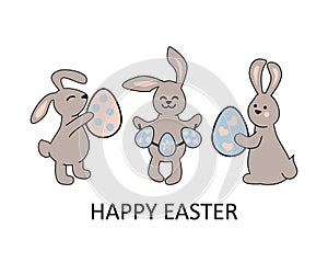 Three bunnies, rabbits with eggs on white background