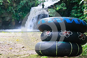 three buoys at a waterfall tourist spot in Linggang Melapeh village, West Kutai, East Kalimantan