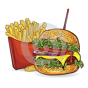 Three burgers in the sketch style on the white background.