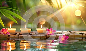 Three burning cosmetic candles on a bamboo stand, tropical flowers and leaves reflected in the water, sun rays, relaxation spa