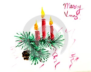 Three burning wax candles decorated with spruce branch and fir cone. Christmas decorative composition. Watercolor vector