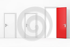 Three Business Office Doors, with One Big, Main, Opened and Red in Front of Wall. 3d Rendering