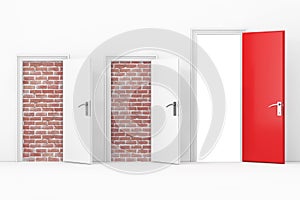 Three Business Office Doors, Two Doors blocked with Brick Wall, One Big, Main, Opened and Red Door with Free Pathway in Front of