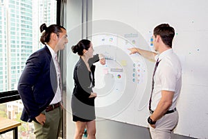 Three business people in modern office looking report and analyzing with talking in meeting room.