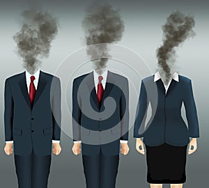 Three business people in office attire have their minds blown in a puff of smoke