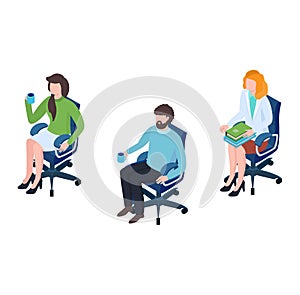 Three business people sitting on office chairs, two holding coffee mugs, one with books. Office break, corporate meeting