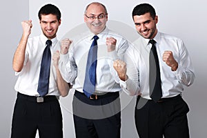 Three businessman celebrate success