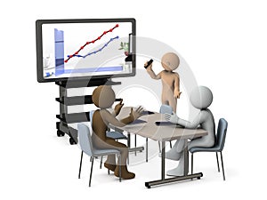 Three businessmen having a meeting while looking at data on a large display.