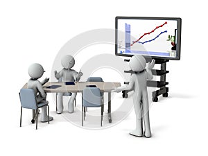 Three businessmen having a meeting while looking at data on a large display. Tablet terminals on the meeting table are also