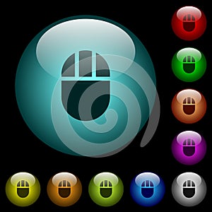 Three buttoned computer mouse icons in color illuminated glass buttons