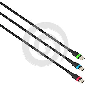 three cables with a Type-C connector, in RGB colors, on a white background