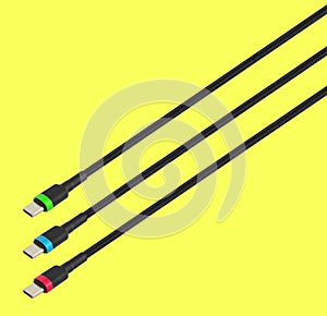 three cables with Type-C connector, in RGB colors, on a yellow background