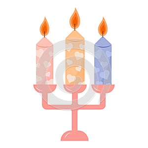 Three candles in a candlestick, candles with hearts, romantic setting. Vector illustration of candelabra on a white