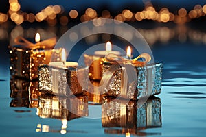 Three candles in candlesticks in the shape of golden gift boxes float on the water