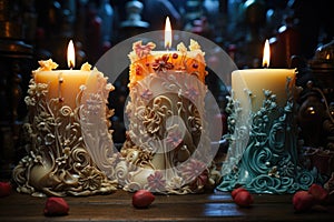 Three candles with different designs on them, AI