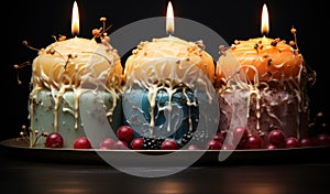 Three candles with frosting and berries on a black background, AI