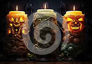 Three candles with halloween faces on them, AI