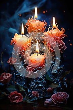 Three candles with roses in front of them, AI