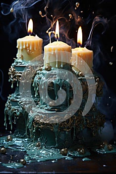 Three candles are sitting on top of a table, AI