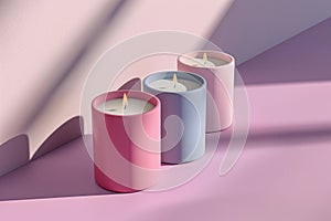 Three candles in trending colors - blush pink, dusty blue and blush. Modern home decorating concept. Minimalist pastel background