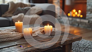 Three Candles on a Wooden Table by the Fireplace