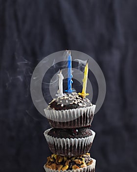 Three candlles on a chocolate mini cupcake.