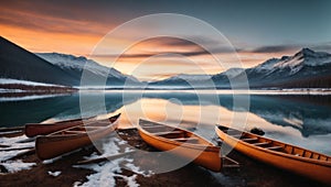 three canoes are lined up on a snowy shore at sunrise