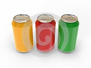 Three cans of colored carbonated drinks