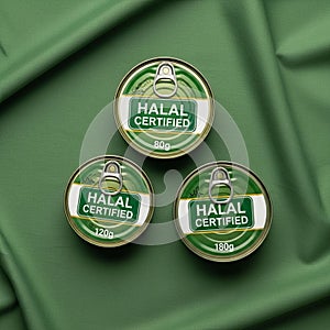 Cans, labeled Halal Certified, are arranged on a green fabric