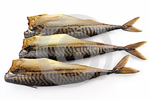 Three carcass of a gutted Smoked Mackerel, carcass without the head isolated on white