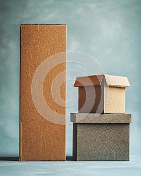 Three cardboard boxes of different sizes stacked against a cloudy sky background