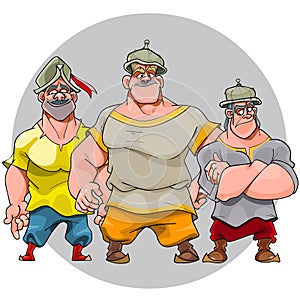 Three cartoon funny men in knightly helmets