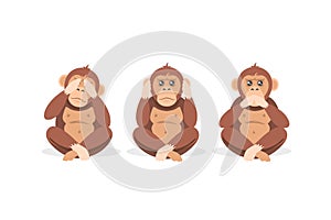 Three cartoon monkey sitting with closed eyes, mouth and ears isolated on white background