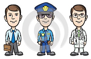 Three cartoon professionals businessman policeman doctor