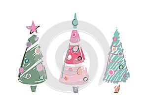 Three cartoon scribble colored christmas trees