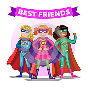 Three cartoon super heroines. Girls in superhero costumes photo