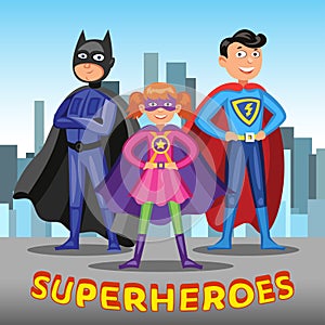 Three cartoon superheroes. Boys and girl in superhero costumes