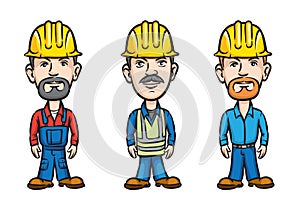 Three cartoon workers in hardhats