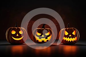 Three Carved Pumpkins With Glowing Faces On A Dark Background